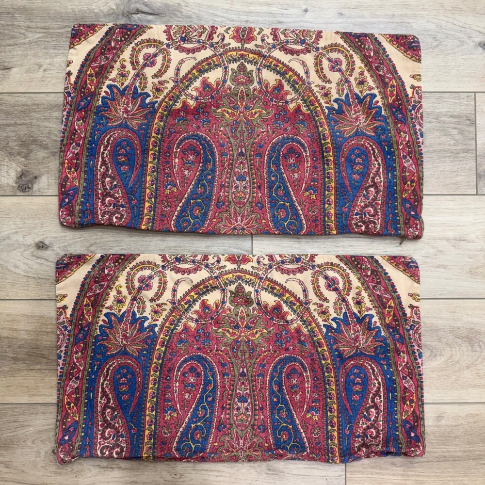 Pottery Barn Vintage Paisley Lumbar Pillow Covers Set of 2 Red Blue Cotton 16x26